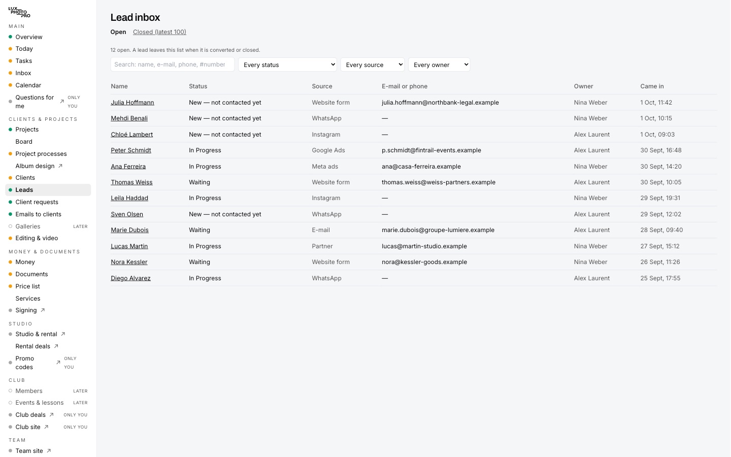 Lead list in our CRM: name, source, owner, time